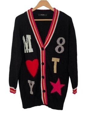 My Twin Twinset Milano Letterman Cardigan Sweater Fuzzy Heart Star Letters YA83N
